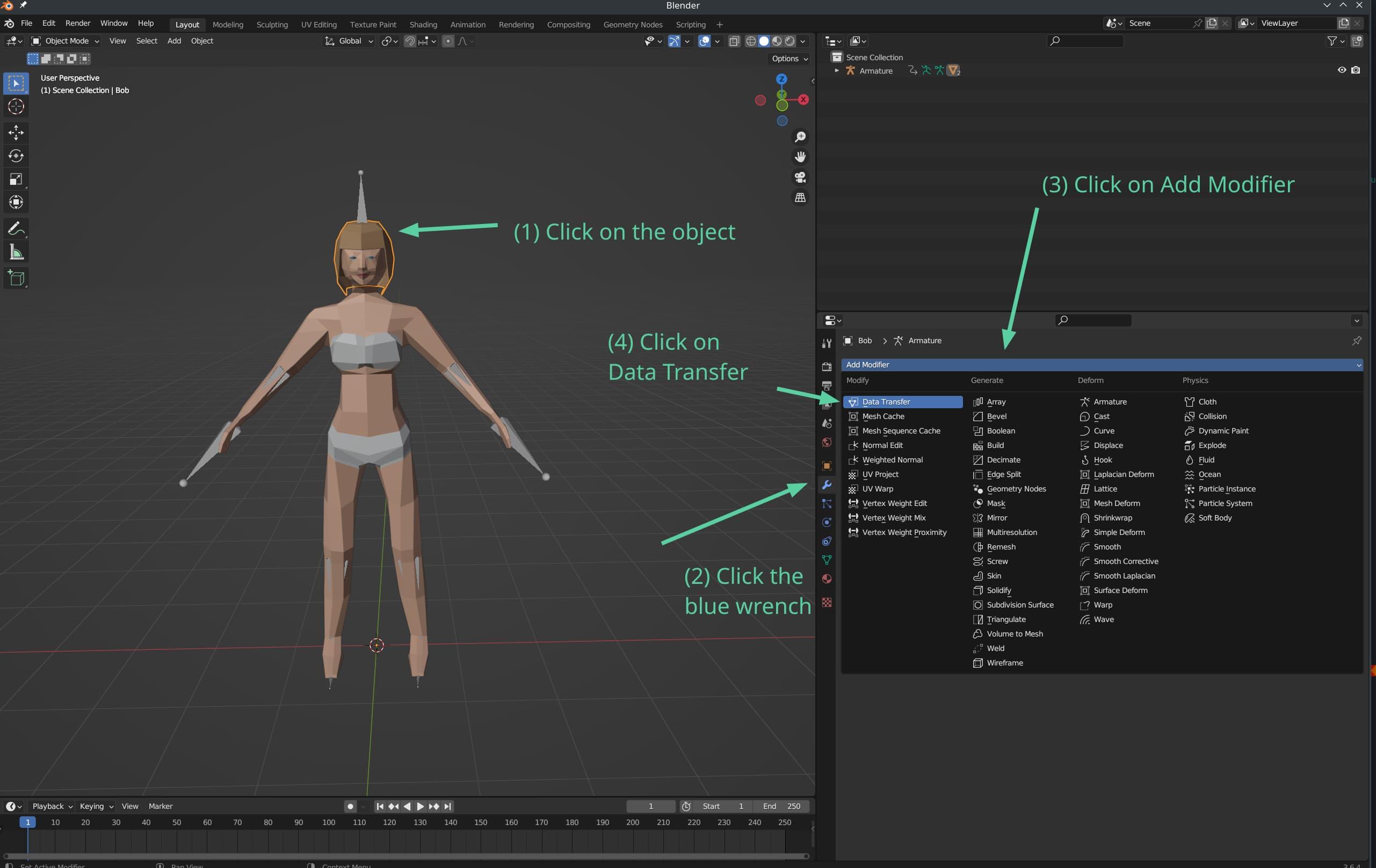 A Blender screenshot, showing to click on the object in question, click the blue wrench, click on Add Modifier, and click on Data Transfer