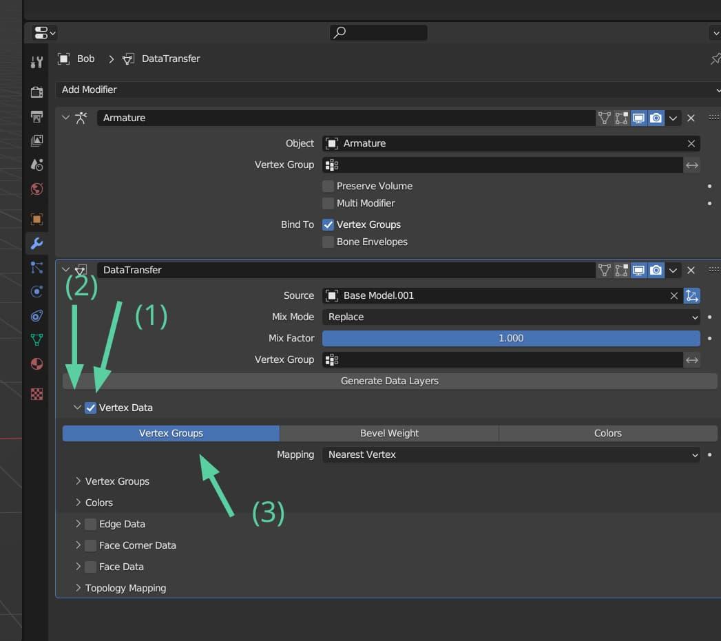 Blender screenshot showing to click on the Vertex Data checkbox, then the little arrow beside the checkbox, then the Vertex Groups button