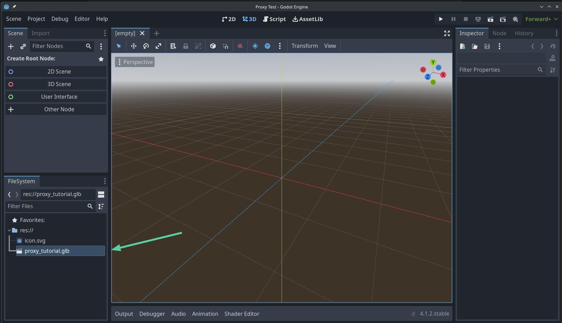 A Godot Engine screenshot, showing a proxy_tutorial.glb file in the FileSystem viewer in the bottom-right of the screen