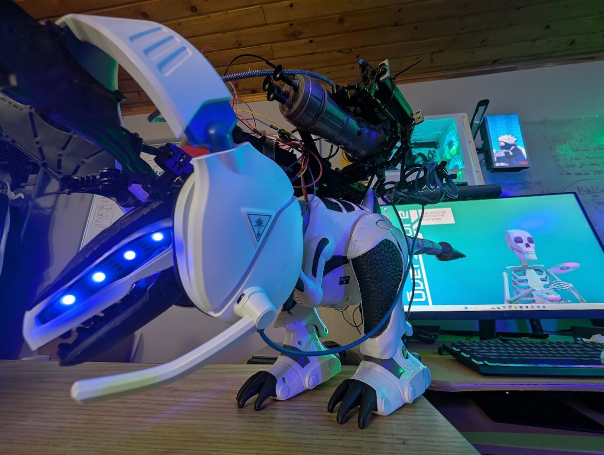 Wide angle shot of War Dragon wearing headphones