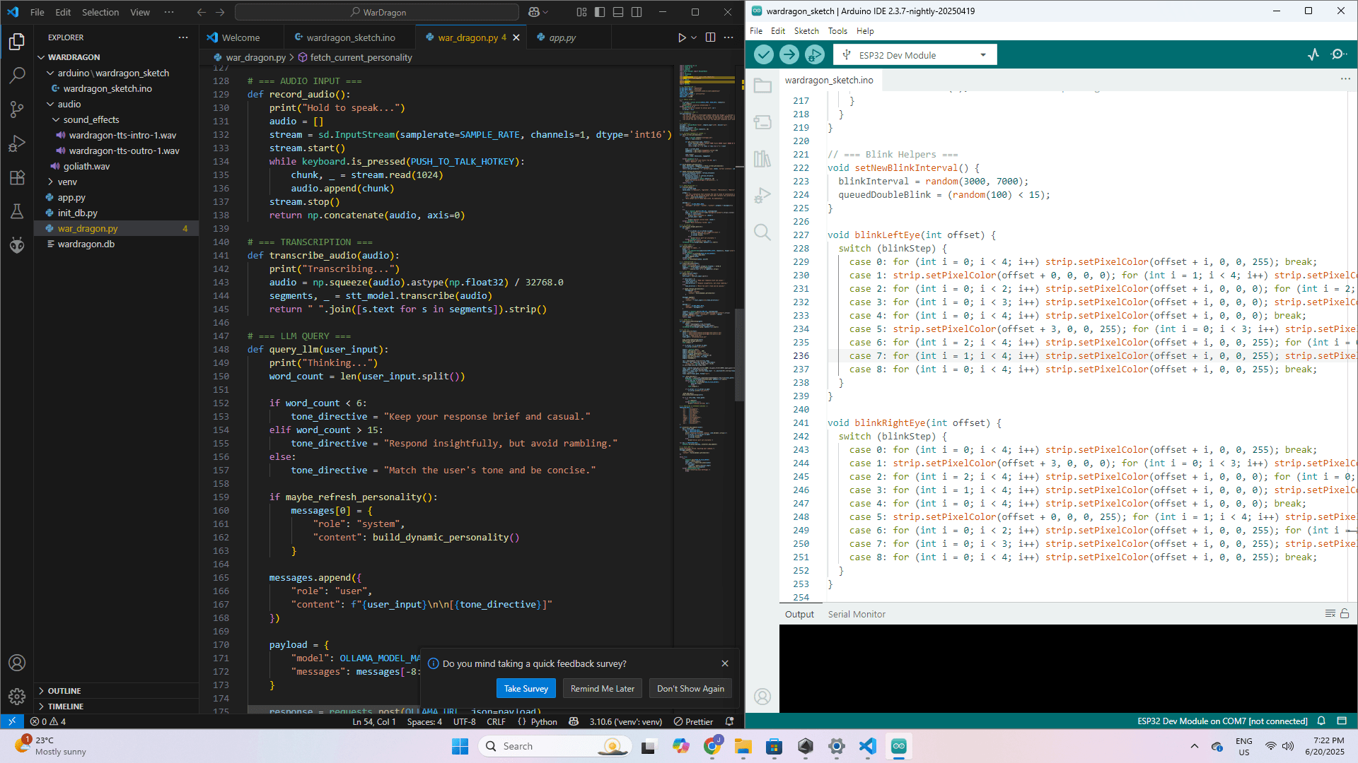 Visual Studio Code and Arduino IDE windows open showing code