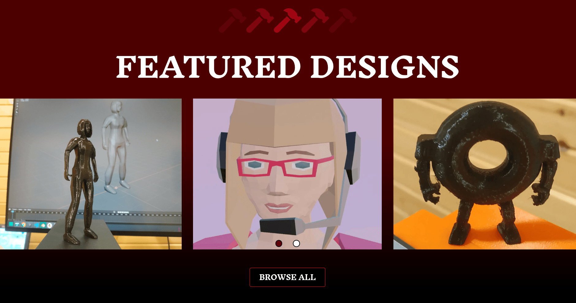 A featured designs section showing some featured products, with a browse all button at the bottom