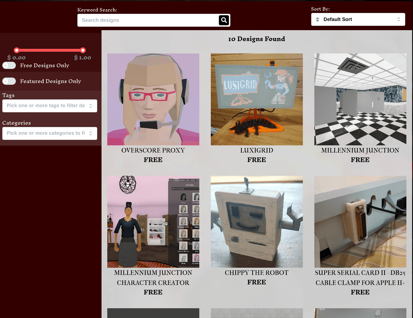The products page, showing a variety of products and product filtering capabilities