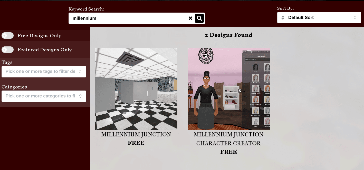 The products page is filtered by the keyword search "millennium" which comes up with two results