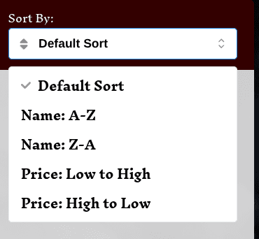 A sort by menu showing default sort, name a-z and z-a, and price low to high and high to low