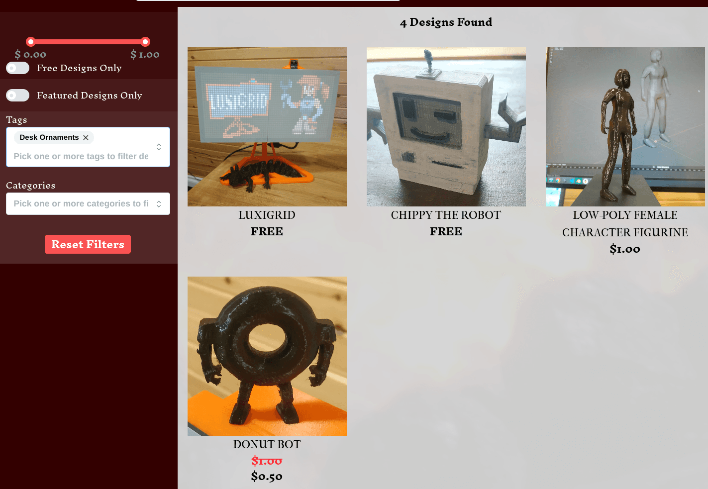 Filtering products by tag, the tag "desk ornaments" brings up 4 designs