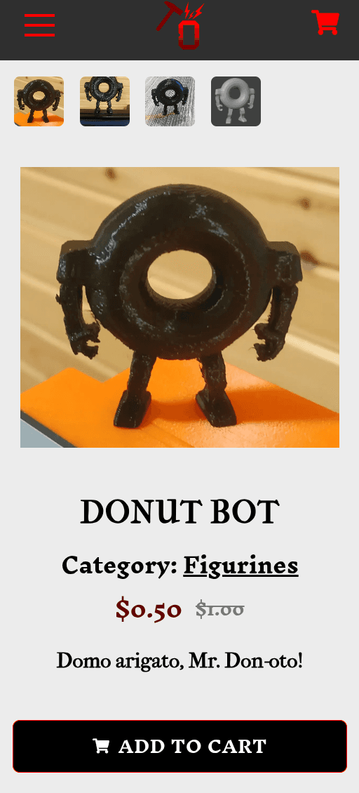 The OverForge individual product page, showing the "Donut Bot" product's information, on a mobile device screen