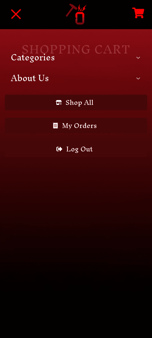 Mobile navigation menu covering the whole screen, with categories, about us, shop all, my orders, log out, and shopping cart buttons