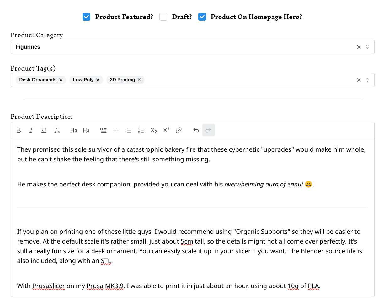 Various product metadata can be edited from this form, including the product category, tag(s), description, and whether it is featured, etc.