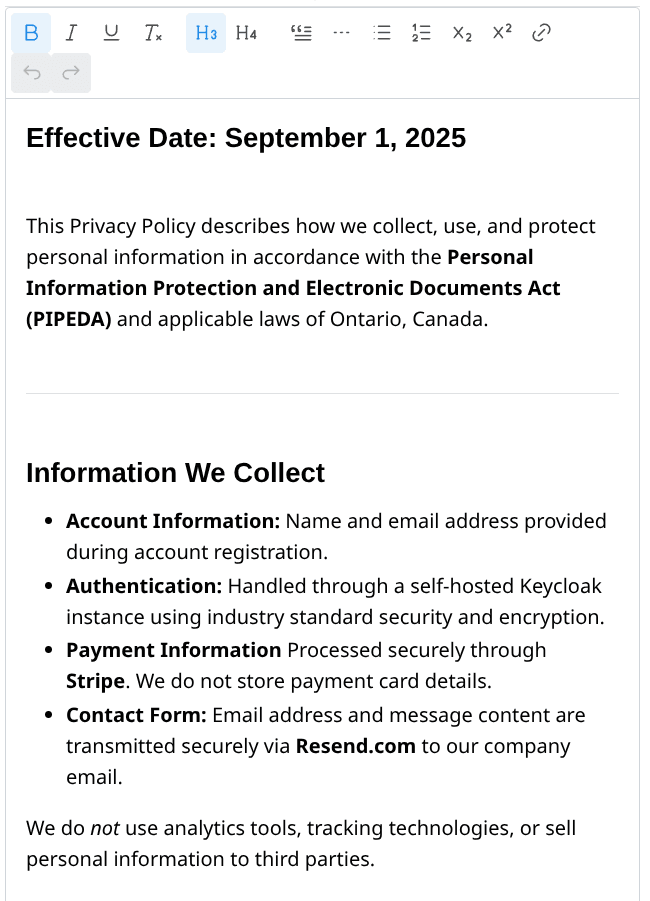 The administrative editor for managing the website's privacy policy