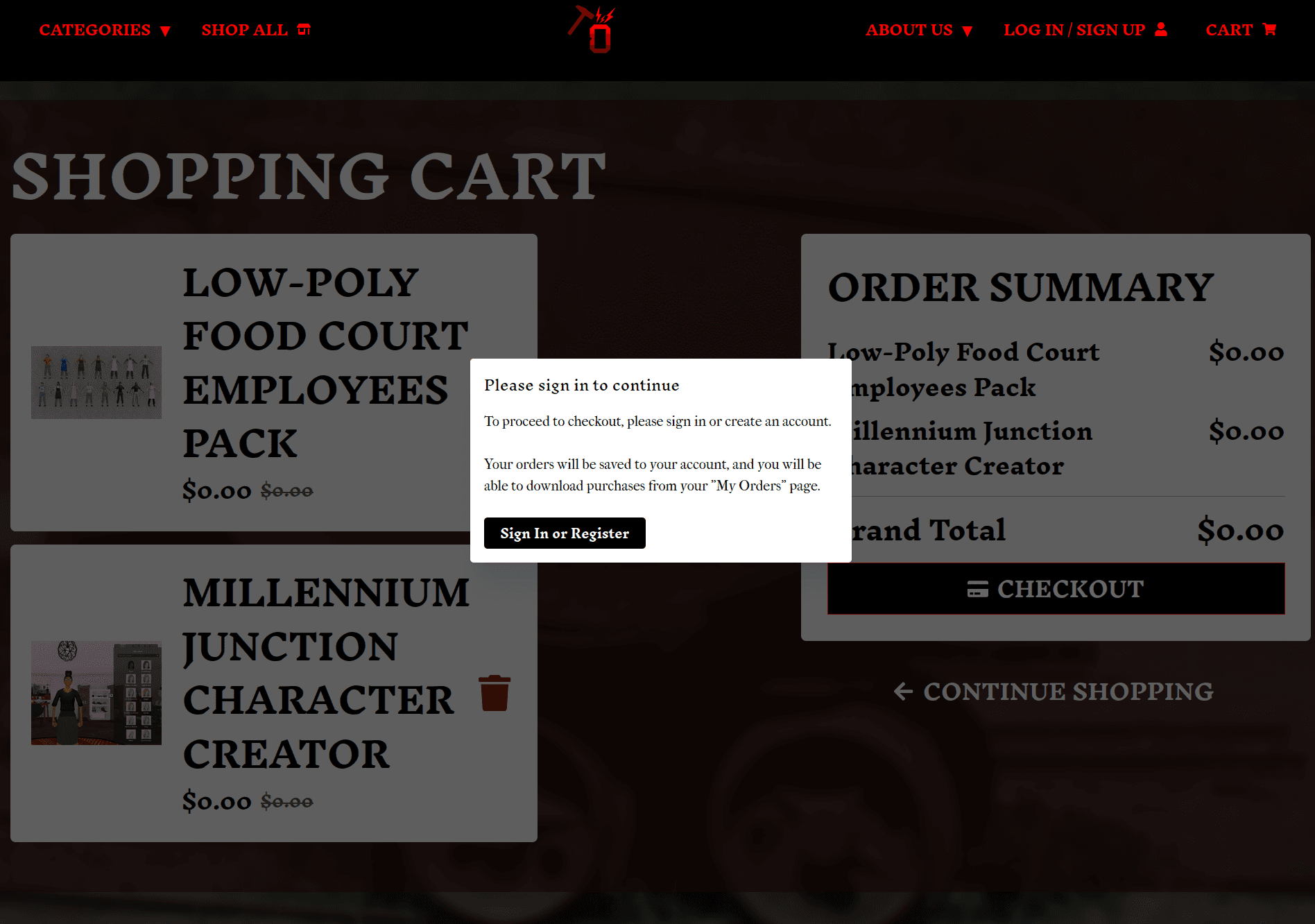 A pop-up saying please sign in to continue from shopping cart page
