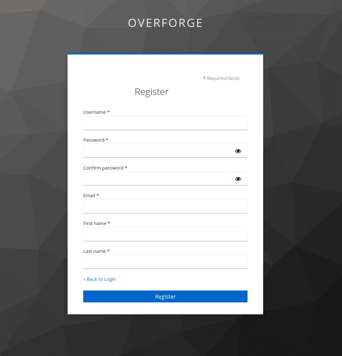 Registration form with username, password, email, and first and last name