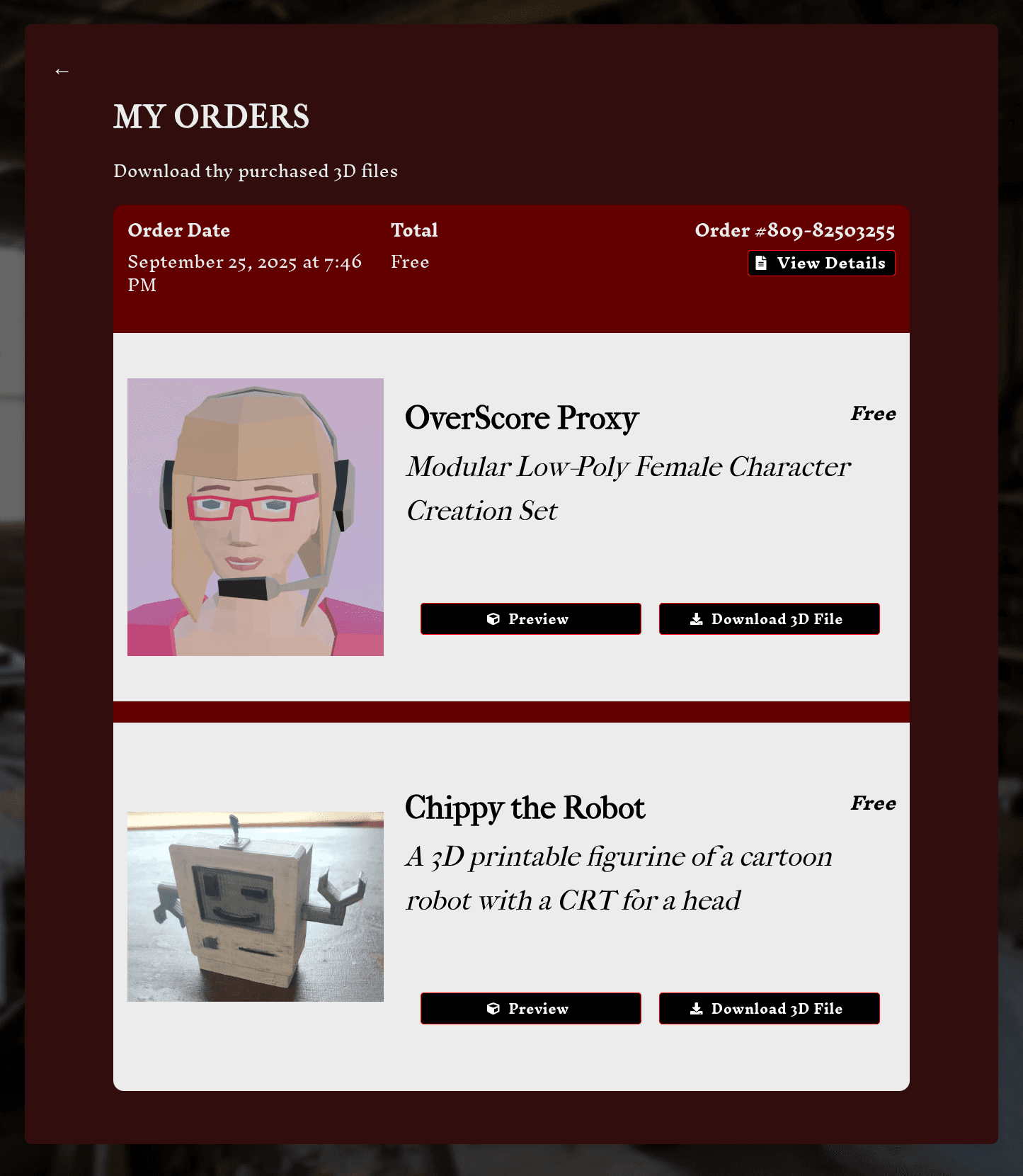 My Orders page showing two products in an order