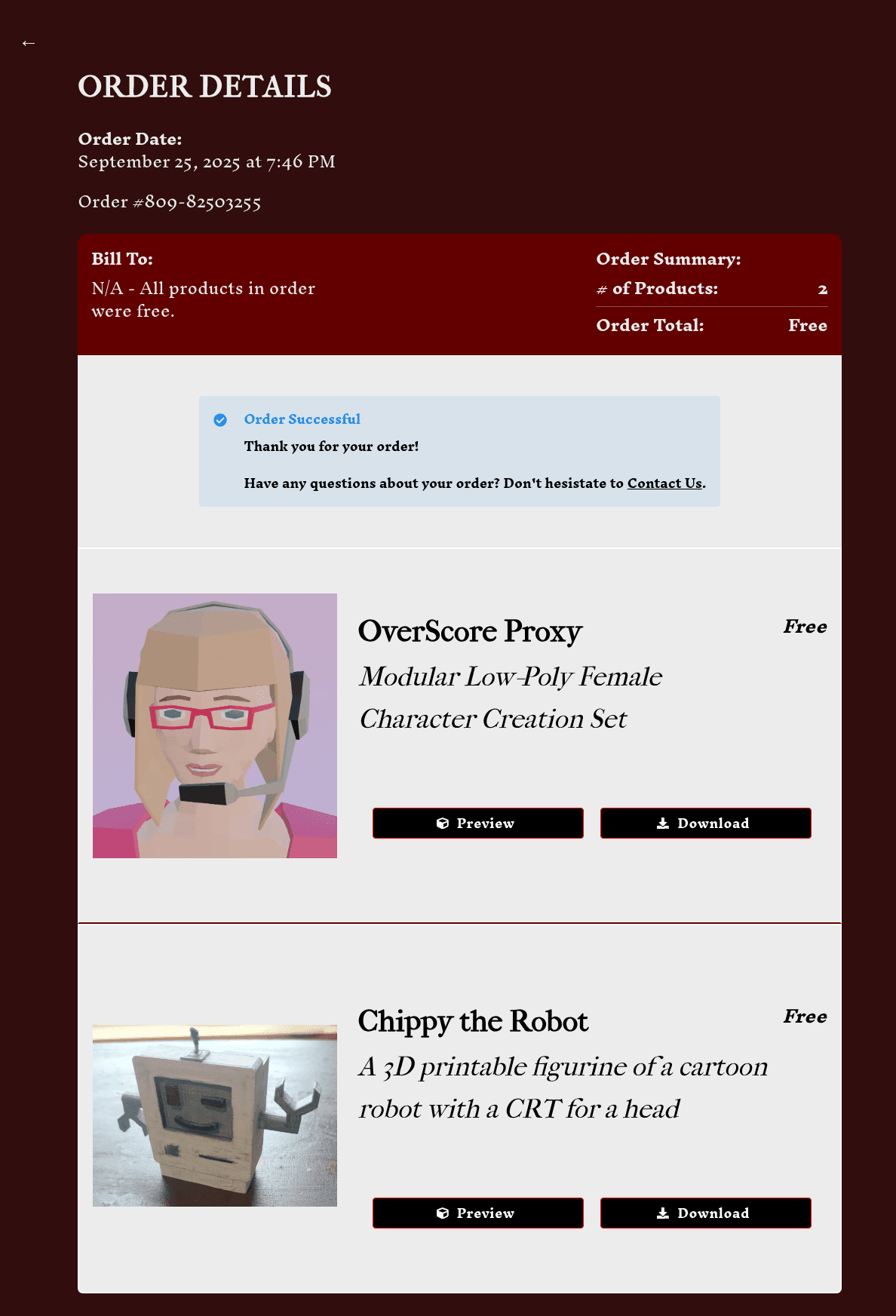 Two products in an order, with preview and download buttons, as well as order information like date and order number