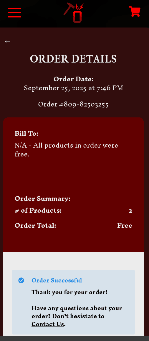 The top of the order details page on mobile, showing the order date, number, and price