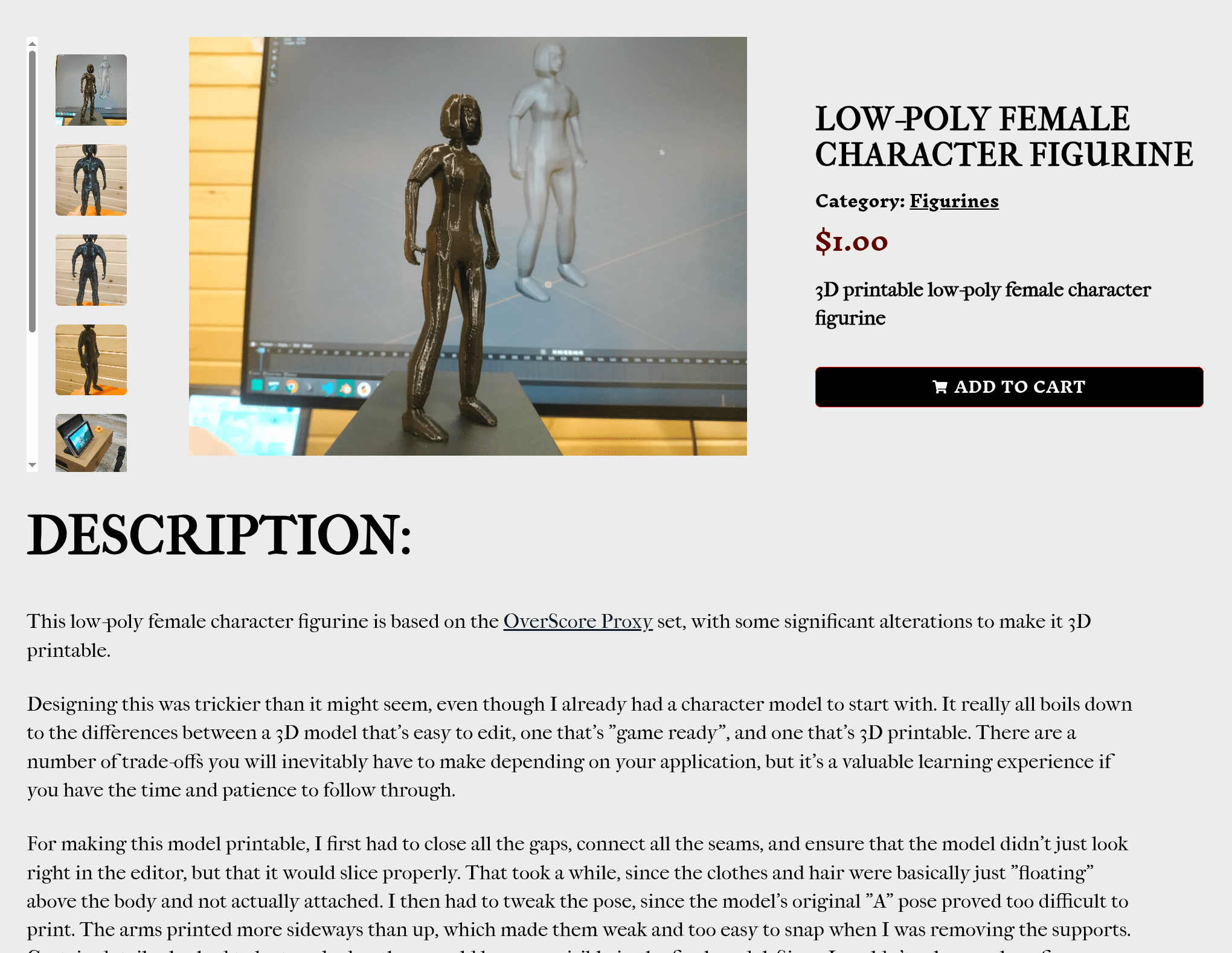 Product page for low-poly female character figurine product, showing images and description