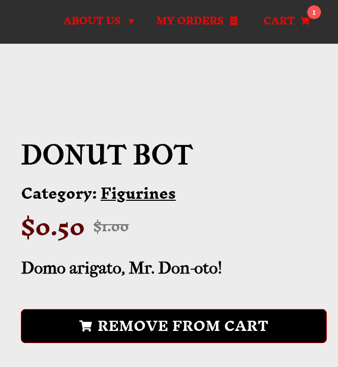 Remove from cart button, with indicator showing 1 product in the shopping cart