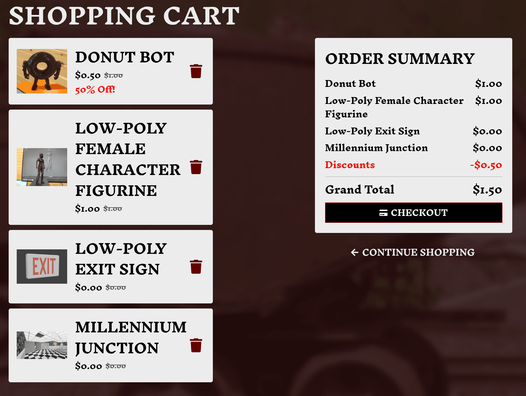 Shopping cart page with four products totalling $1.50 and a checkout button