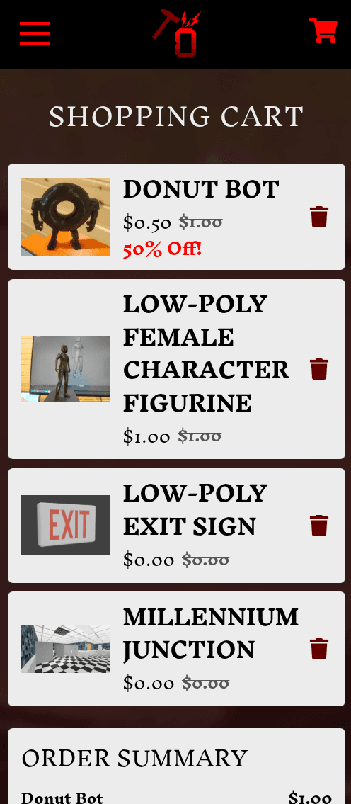 Shopping cart page on mobile, with products in a vertical column