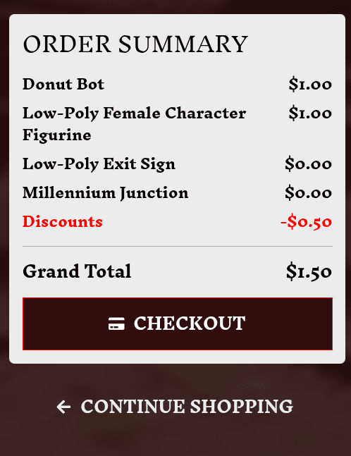 Order summary on mobile, showing four products with a total price of $1.50