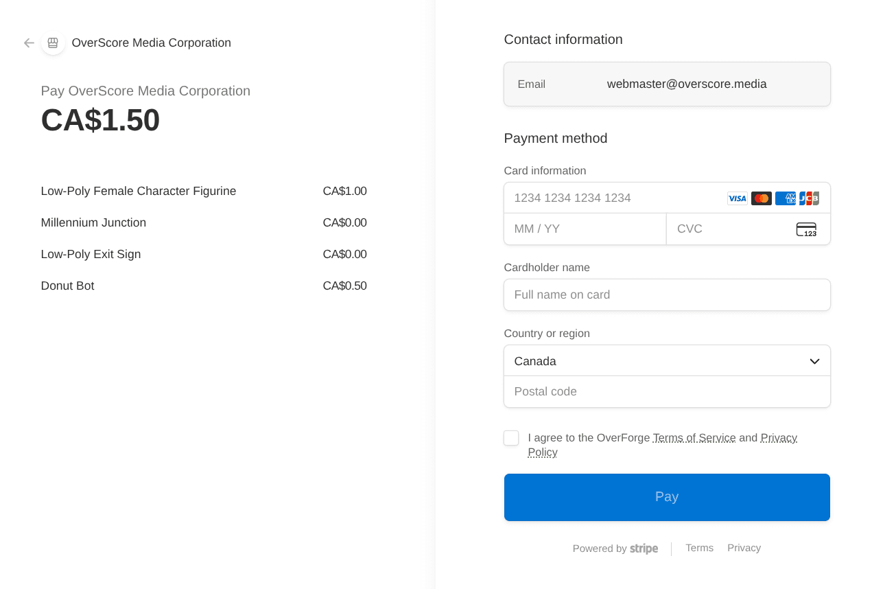 Checkout page with four products with a total price of $1.50, with payment method input on the right