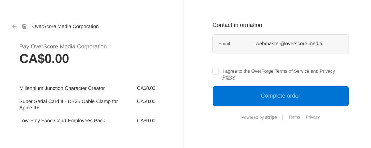 Stripe checkout with three free products, just showing an email and checkbox to agree with terms of service and privacy policy