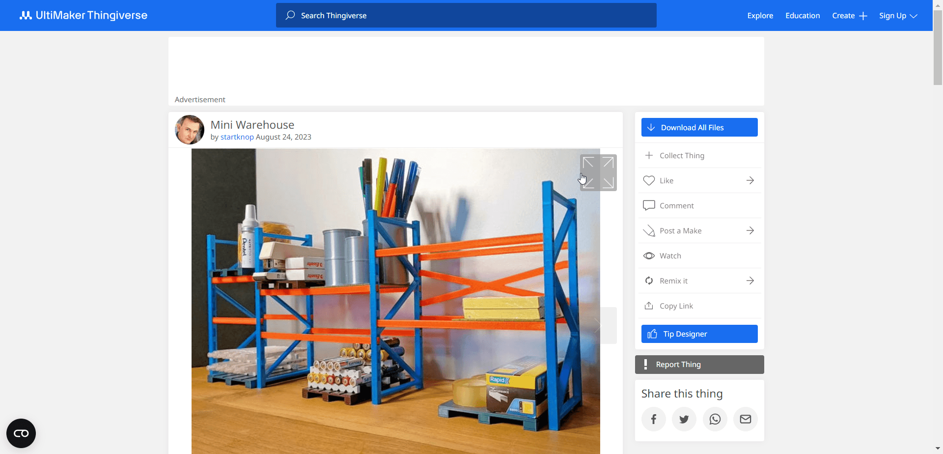 Screenshot of Thingiverse blog post