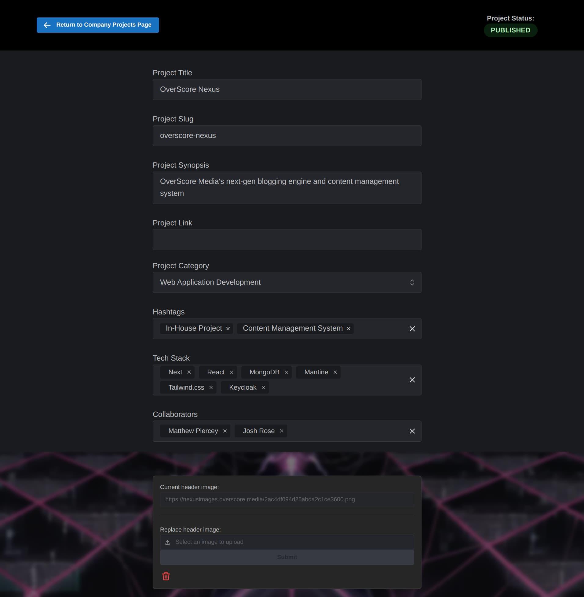 A screenshot from Nexus, showing the top of the company project editor. Title, slug, synopsis, link, category, hashtags, tech stack, collaborators, and the header image can be customized