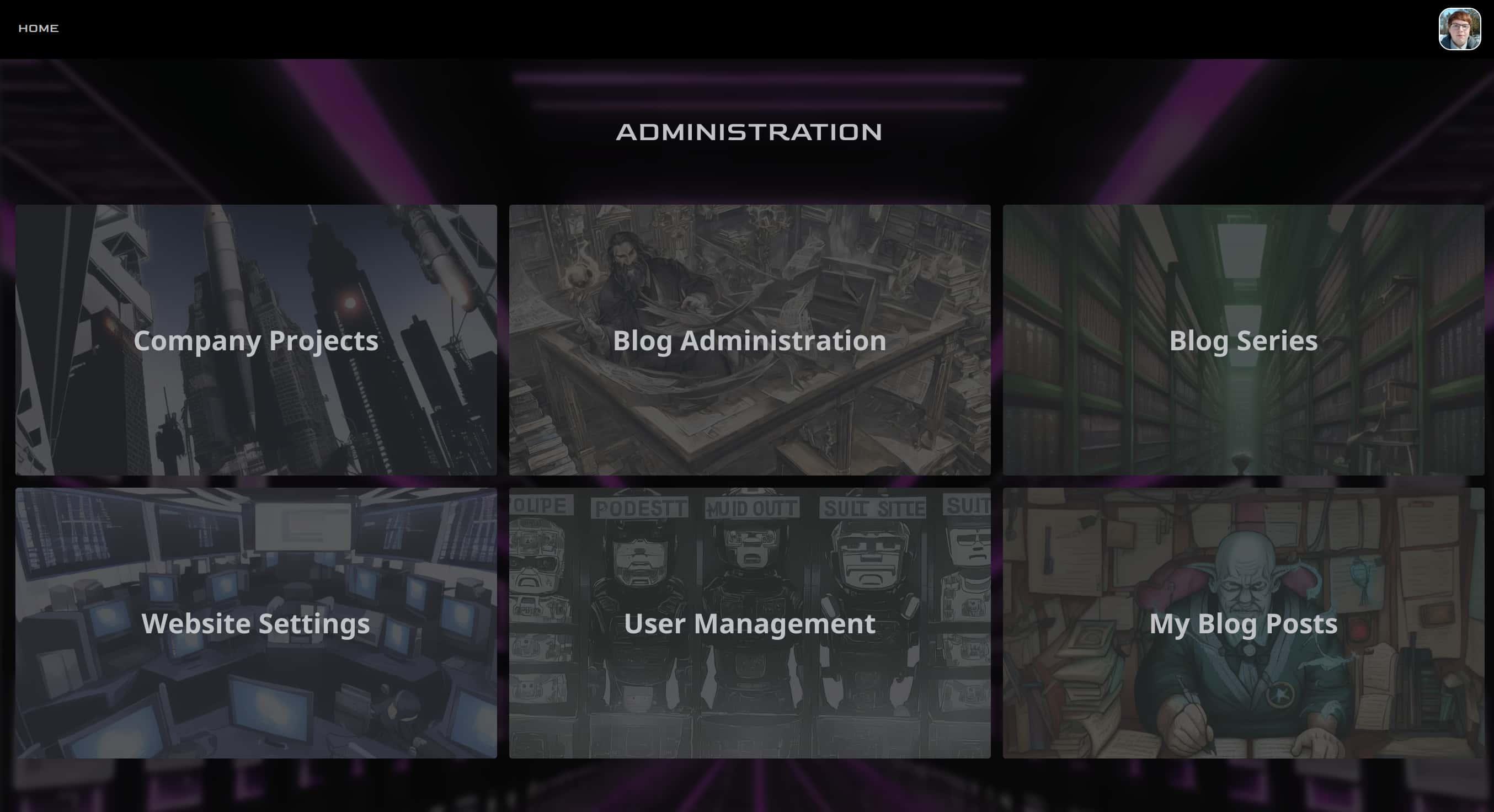 Nexus's dashboard, displaying a grid of buttons - company projects, blog administration, blog series, website settings, user management, and my blog posts. A home button is in the top-left corner, and a user avatar is in the top-right corner