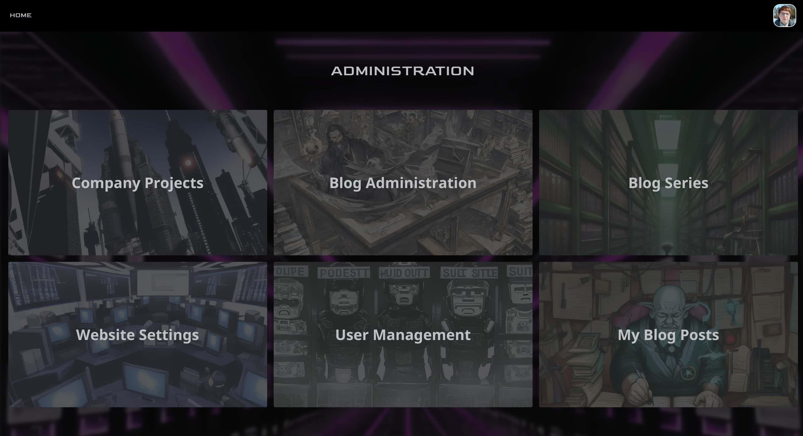 Nexus's dashboard, displaying a grid of buttons - company projects, blog administration, blog series, website settings, user management, and my blog posts. A home button is in the top-left corner, and a user avatar is in the top-right corner