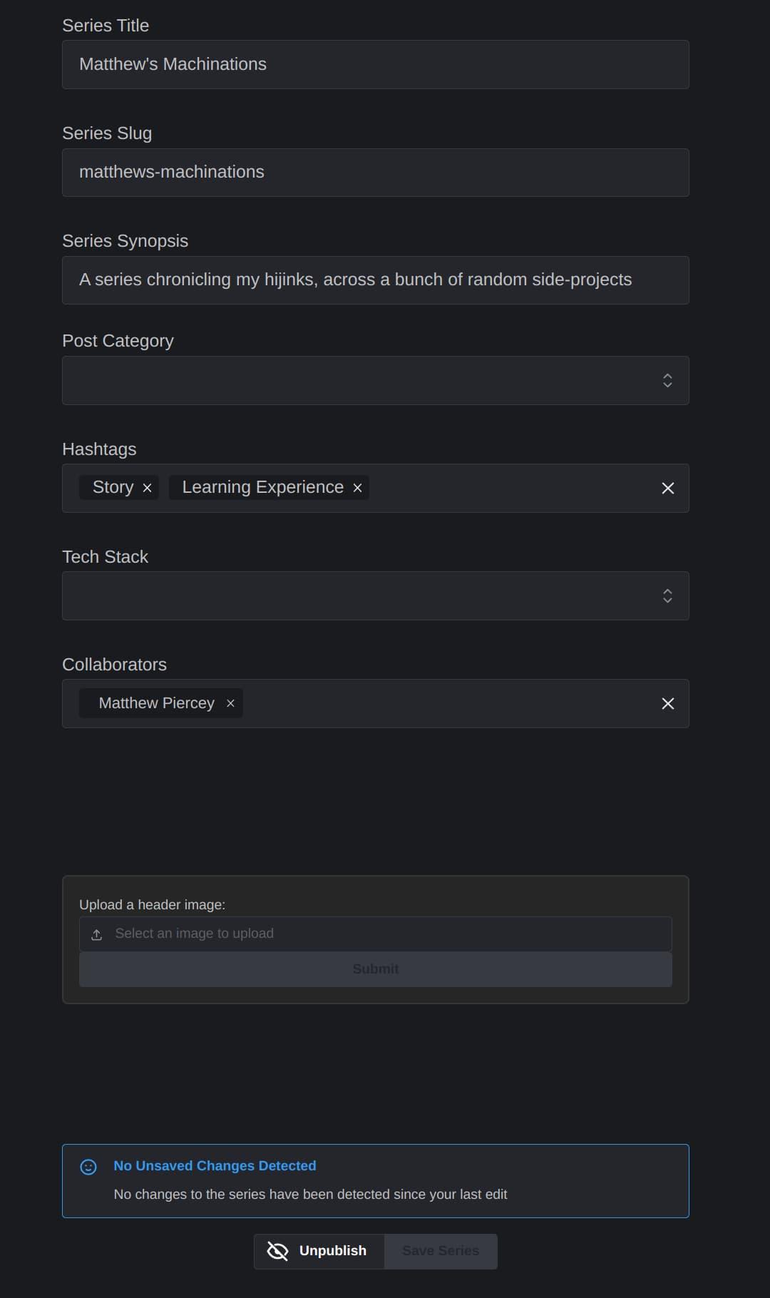 The top of the series editor, where various metadata can be added to the series, much like a blog post or company project