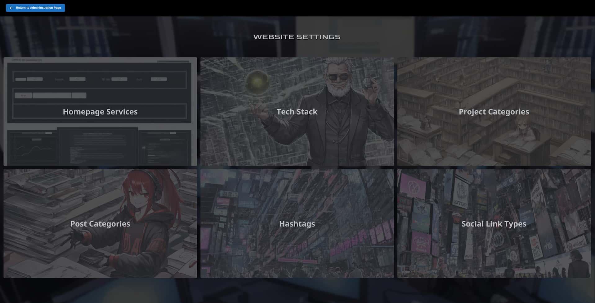 The website settings page, with buttons for homepage services, tech stack, project categories, post categories, hashtags, and social link types