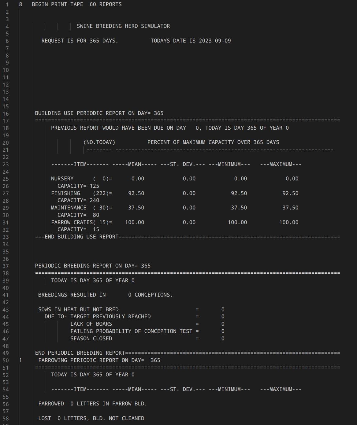 The output of the simulator program - tables of numbers separated by headings and descriptive text