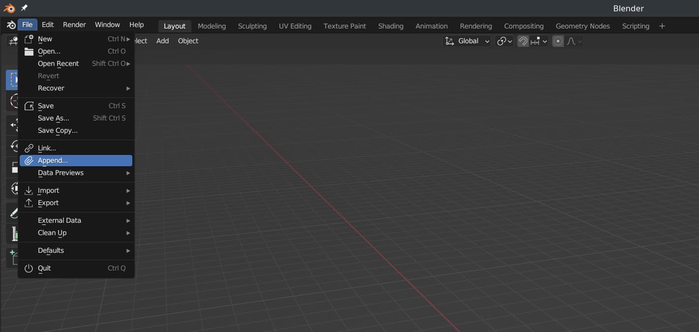 A partial screenshot of the Blender interface shows the "File" menu in the top-left corner of the screen. Many options are present, and the Append one is highlighted in blue
