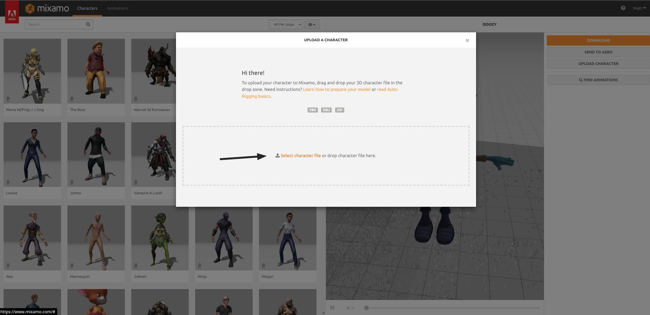 Mixamo's Upload a Character dialog, with an option to Select a character file or drag-and-drop a character file into the window