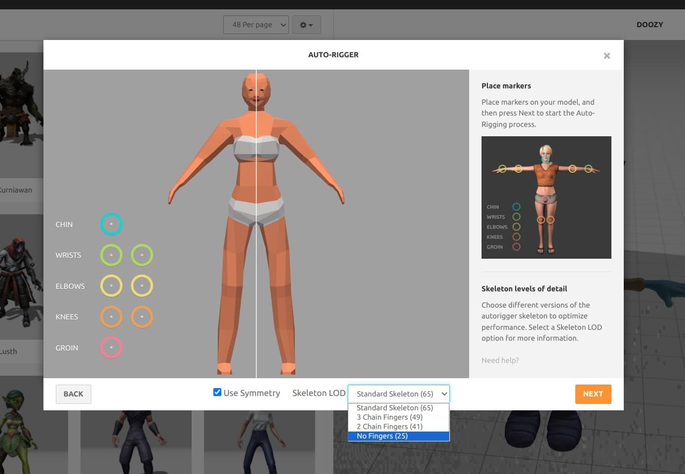 Mixamo's auto-rigger interface, showing a low-poly female character in the middle of the dialog, some circles which will be used to define regions of the body, and a Skeleton LOD drop-down in the bottom middle of the dialog, selecting "No Fingers (25)"