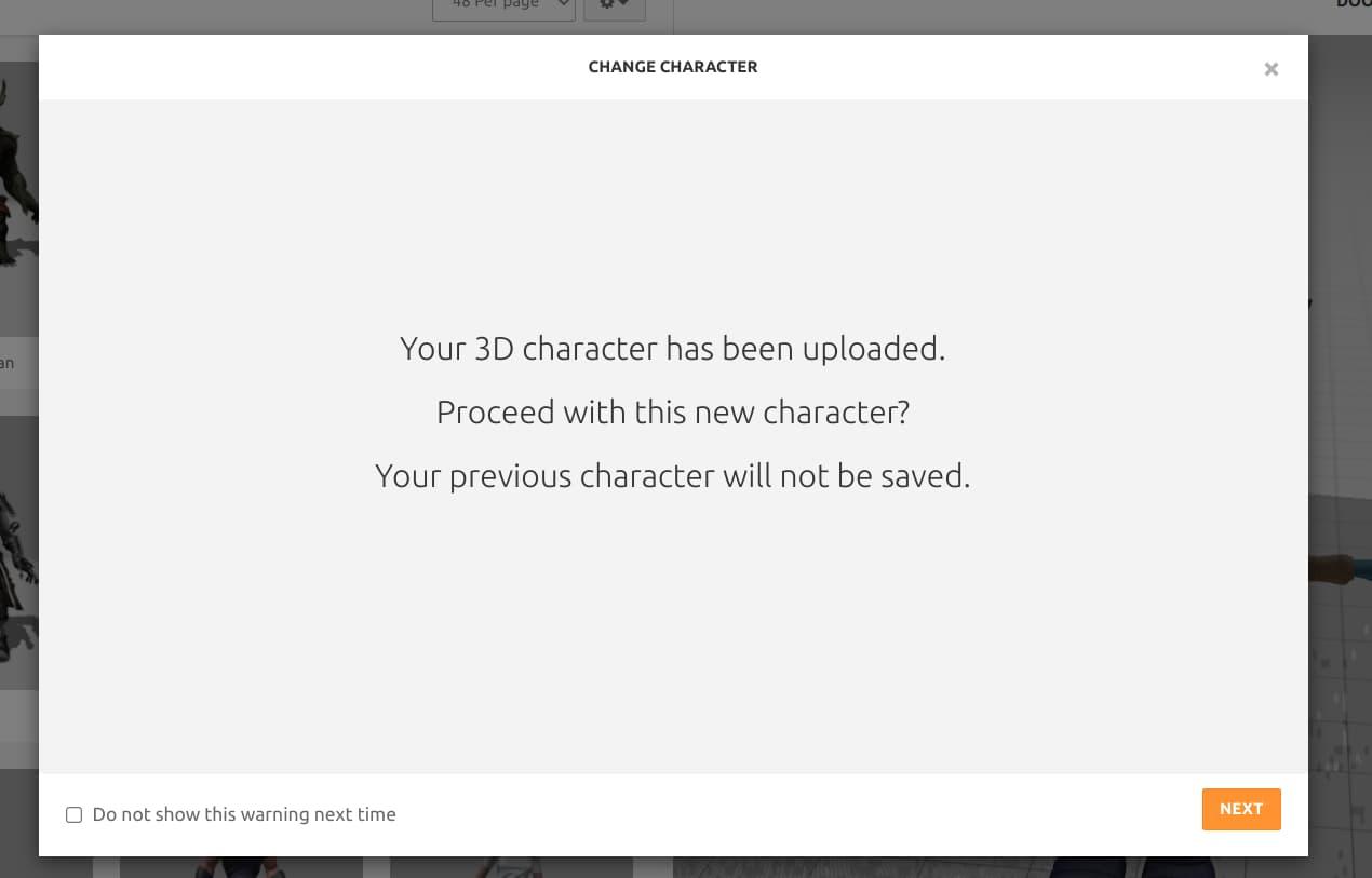 A Mixamo warning message. Your 3D character has been uploaded. Proceed with this new character? Your previous character will not be saved. A next button is highlighted below the warning