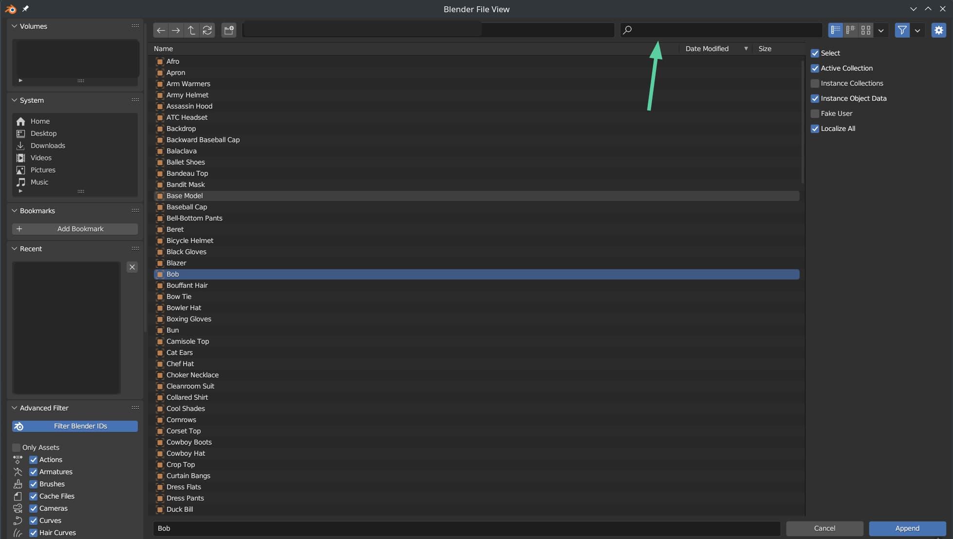 Blender's file dialog, showing the list of available objects inside the OverScore Proxy .blend model. A searchbar is in the top-right corner of the window