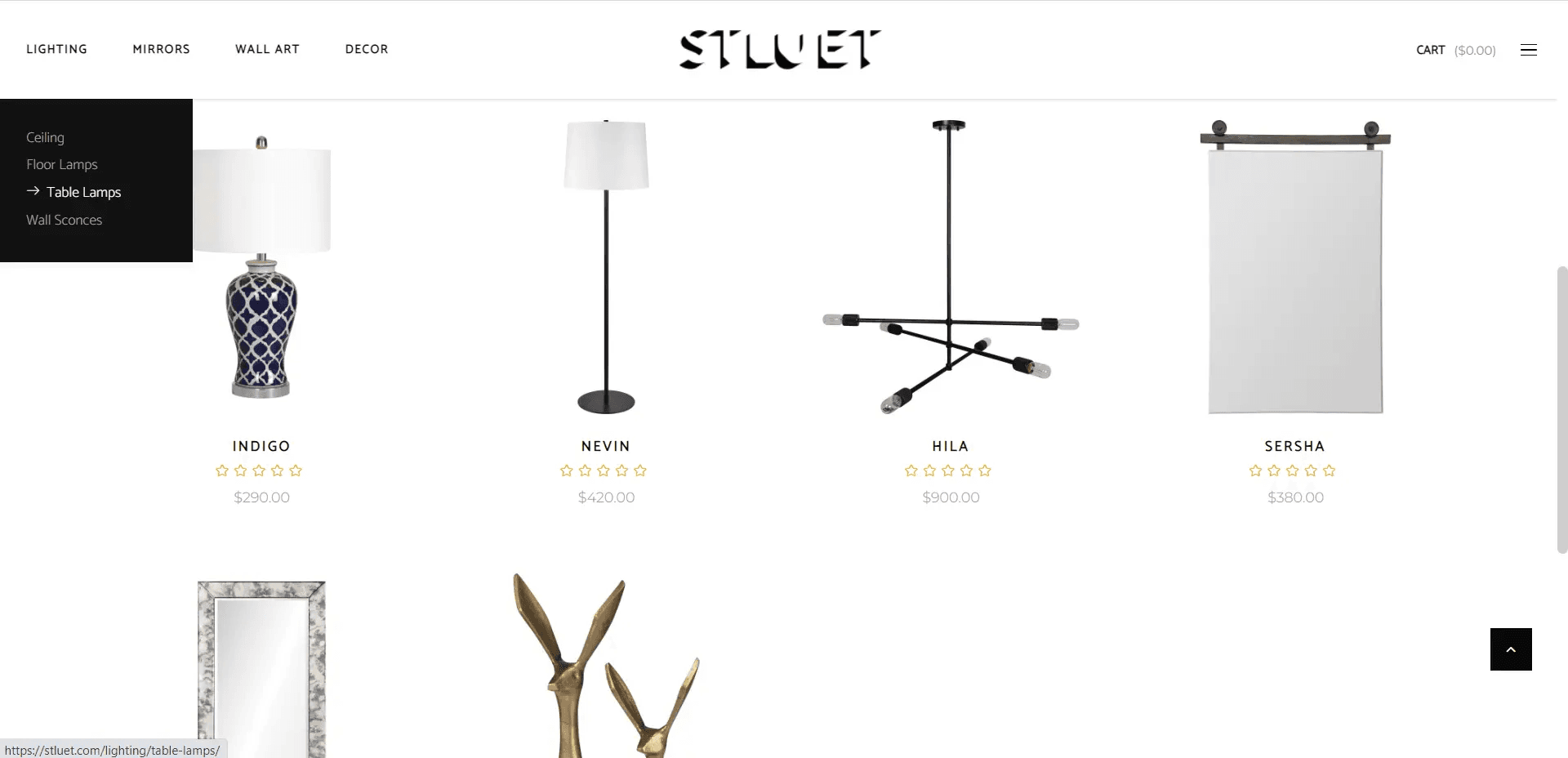 A number of lighting and home furnishing products are displayed in a grid, with a product category/subcategory selector above them