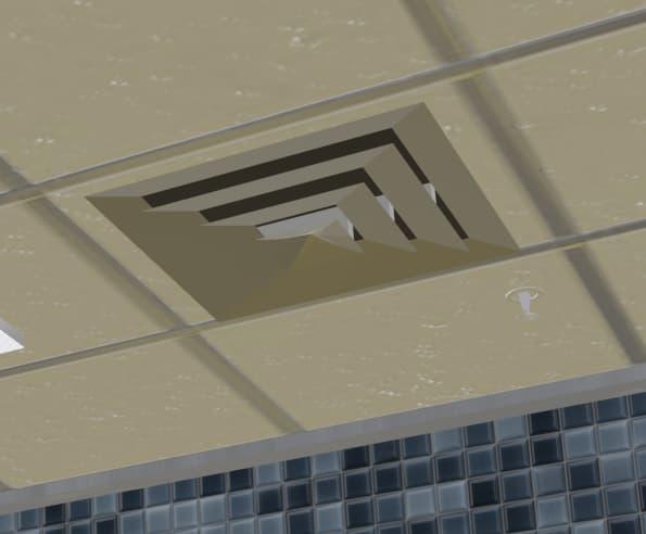 A grey, square metal ceiling vent, with four layers of metal