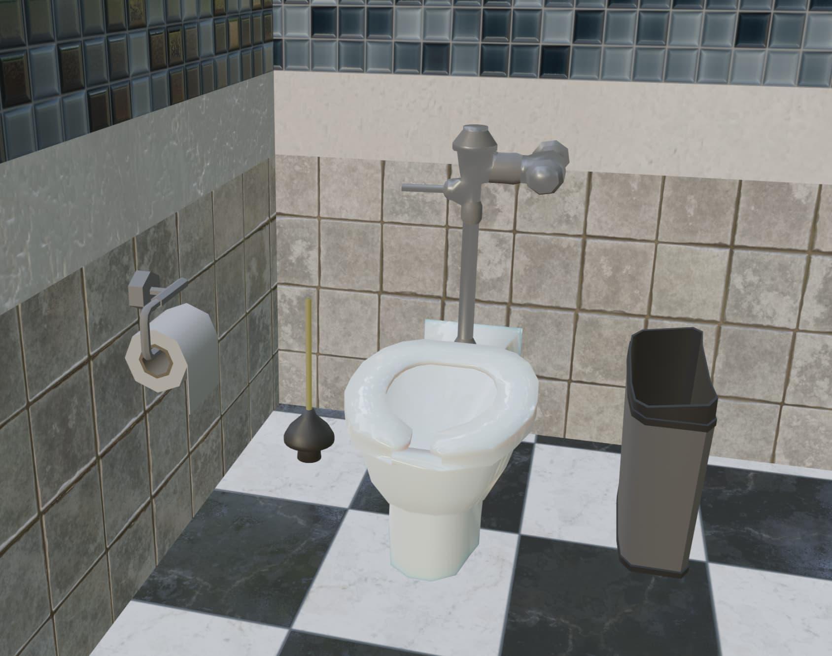 A 3D model of a toilet, with a plunger and a garbage can on either side, and a toilet paper dispenser on the wall beside it