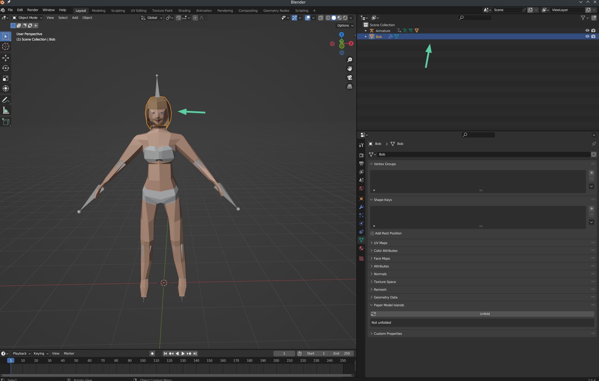Blender screenshot, showing how to click on the Bob hairstyle, and see it highlighted