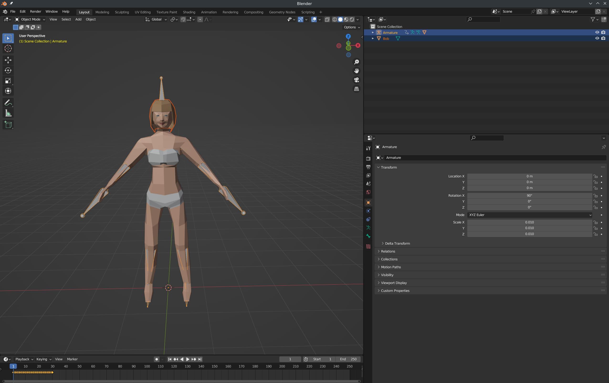 A Blender screenshot, showing the Bob hair object highlighted in red, and the bones of the armature highlighted in yellow