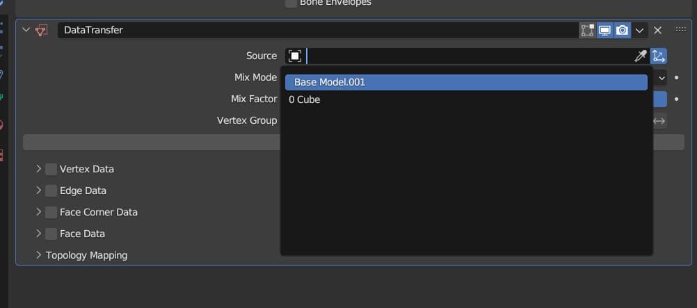 Blender screenshot showing the DataTransfer modifier. The Source box is selected, and the Base Model.001 option is highlighted in blue