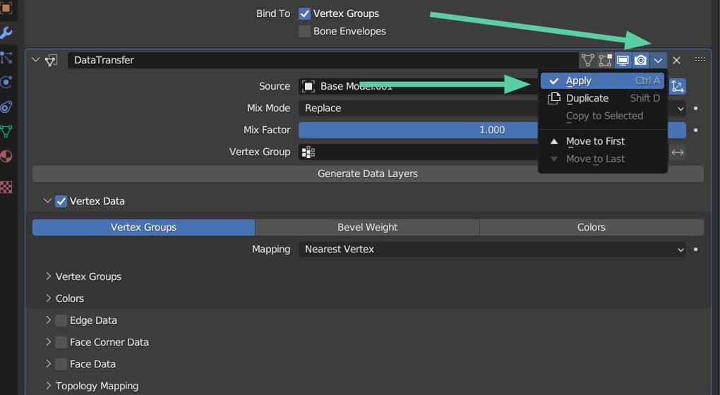 Blender screenshot, showing how to apply the DataTransfer modifier