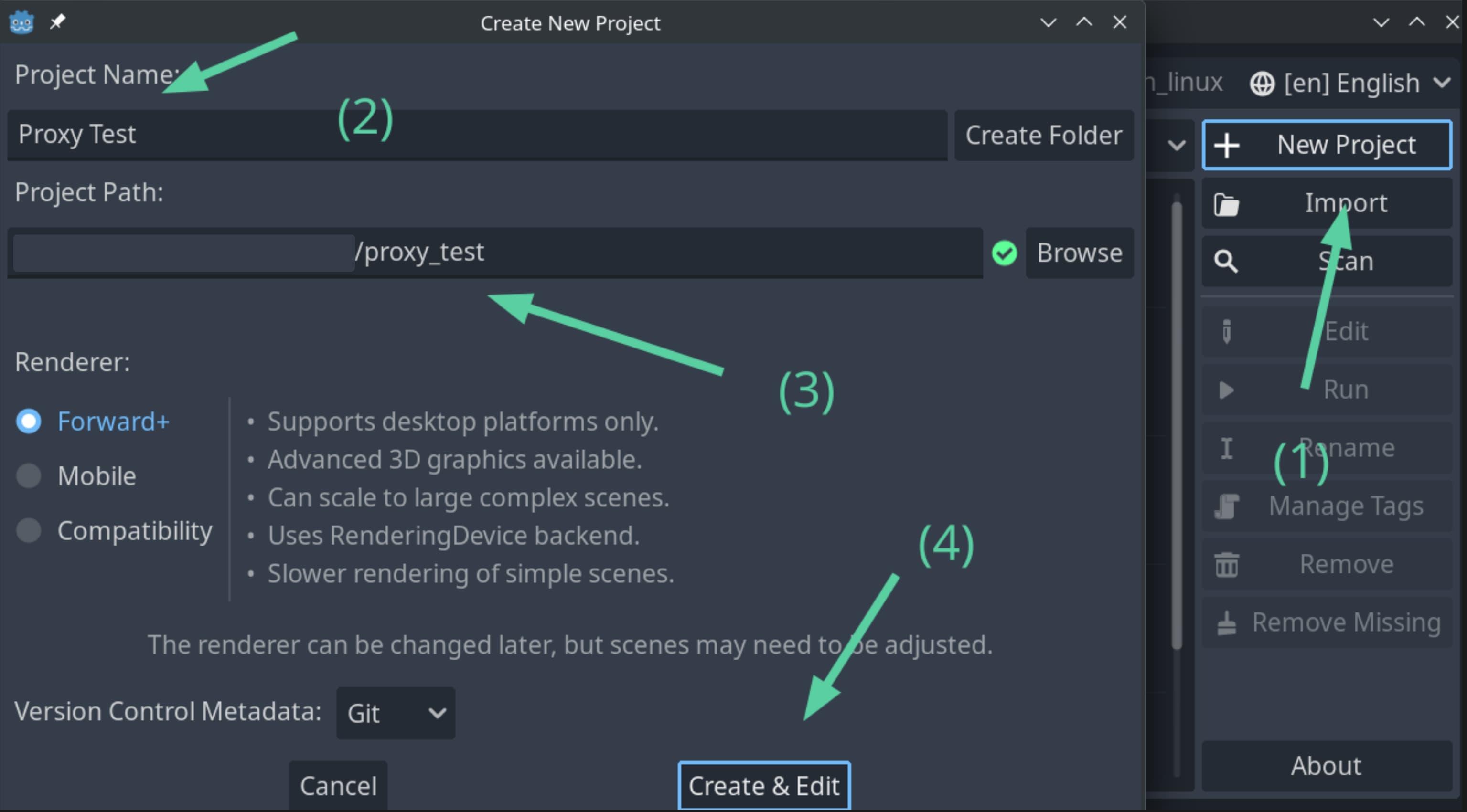 Click New Project, then give it a name and folder path, then click "Create And Edit"