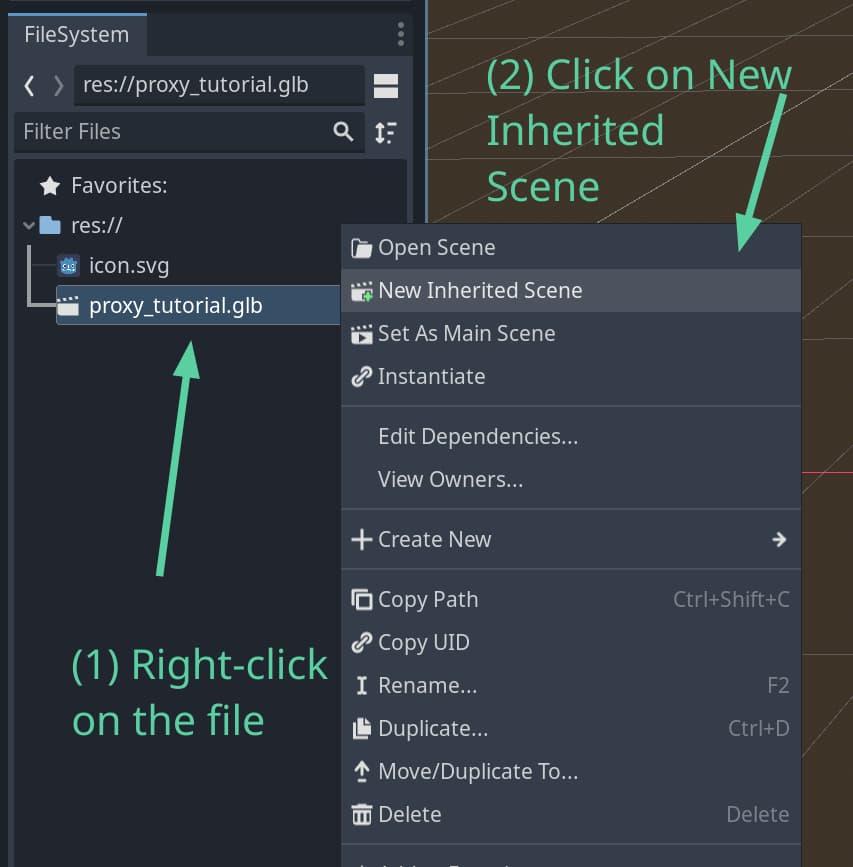 A Godot Engine screenshot, demonstrating how to create a new inherited scene
