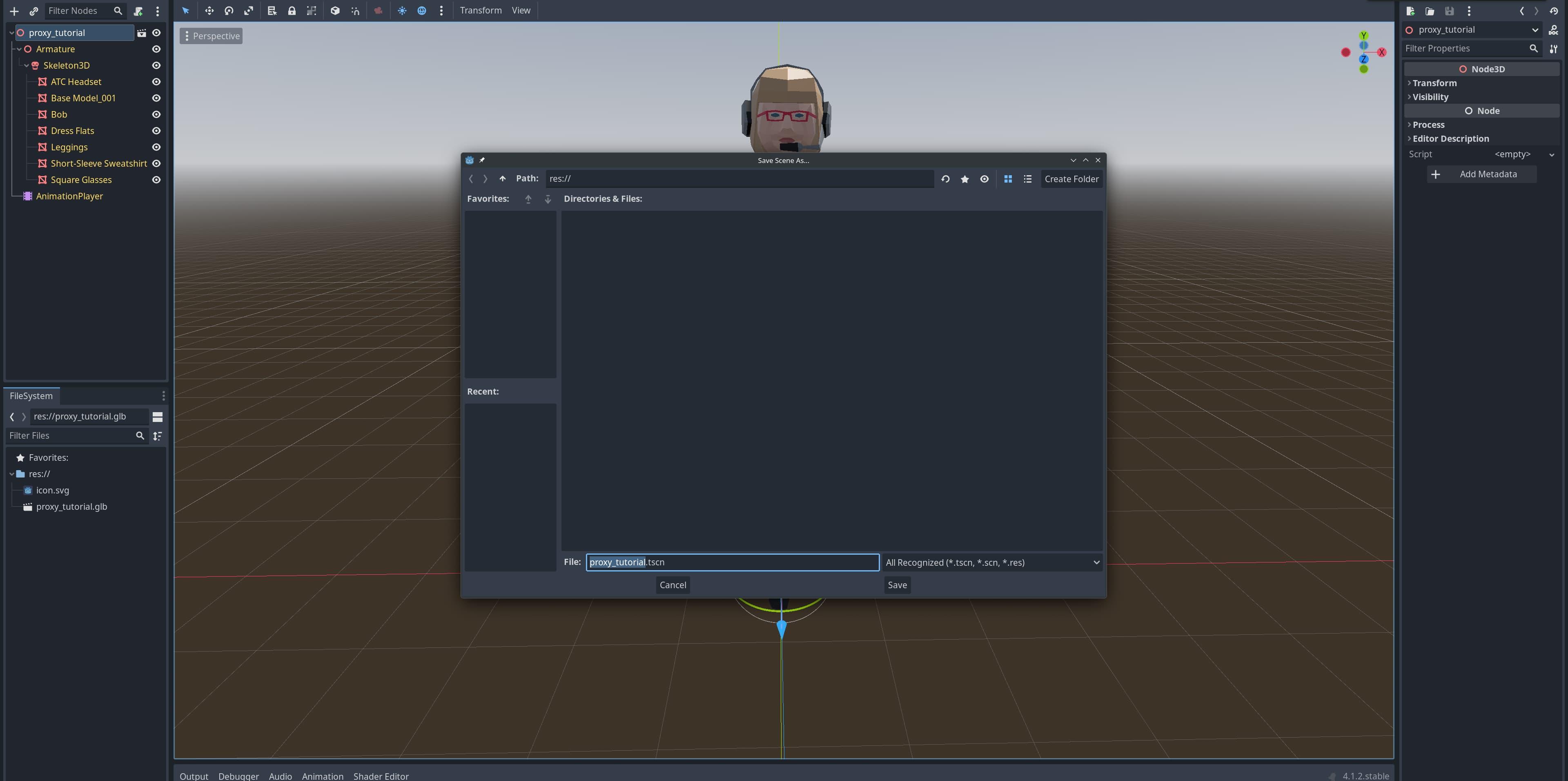 Godot Engine screenshot, showing a dialog to save the scene