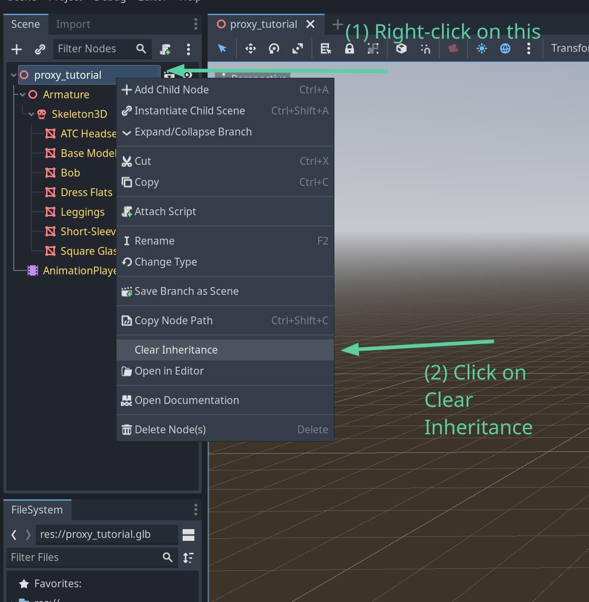 Godot screenshot showing how to right-click on the root node, and click on Clear Inheritance on the window that pops up