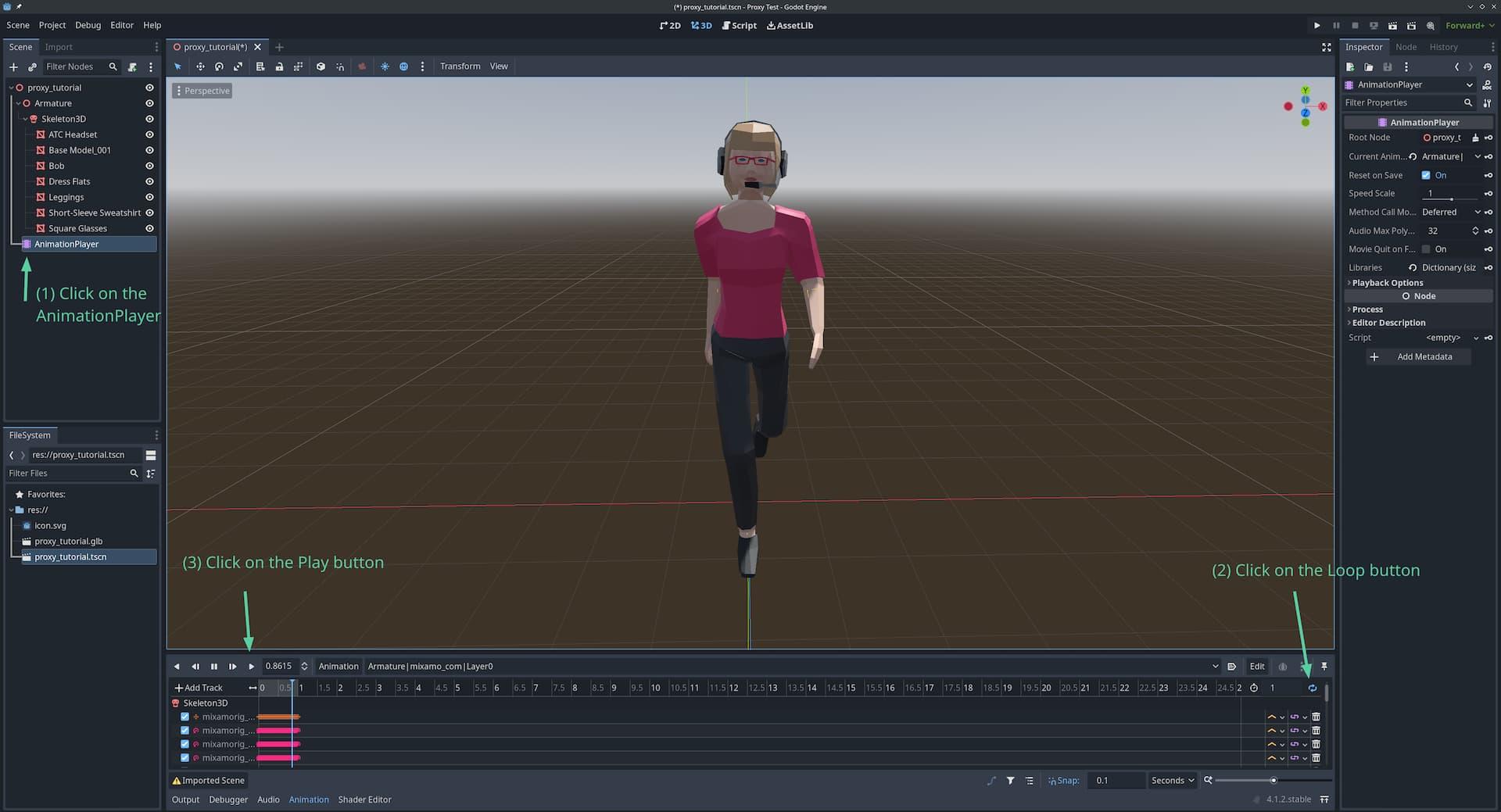 Godot Engine screenshot showing to click on the AnimationPlayer, click on the loop button, then click on the play button